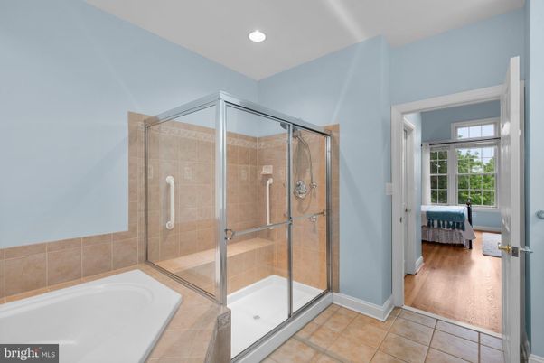 Bathroom, Glass Shower, Interior, Recessed Lighting, Wood Texture Flooring