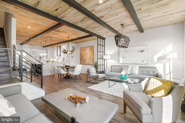 Chandelier, Dining room, Interior, Living room, Pendant Lights, Recessed Lighting, Wooden Beams, Wooden Ceilings, Wood Texture Flooring