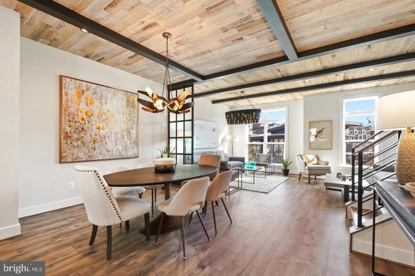 Dining room, Interior, Living room, Pendant Lights, Wooden Beams, Wooden Ceilings, Wood Texture Flooring