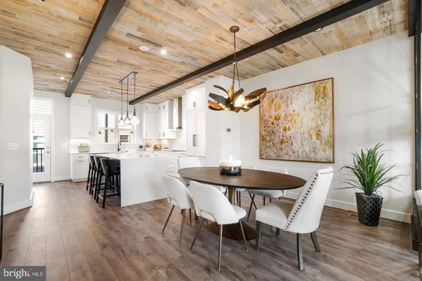 Dining room, Interior, Kitchen, Pendant Lights, Recessed Lighting, Wooden Beams, Wooden Ceilings, Wood Texture Flooring