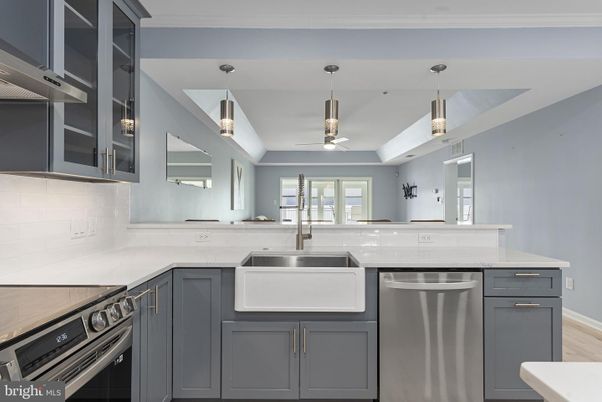 Interior, Kitchen, Pendant Lights, Stainless Steel Appliances, Wood Texture Flooring