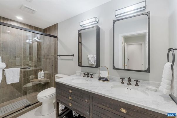 Bathroom, Dual Sink Vanities, Glass Shower, Interior, Recessed Lighting