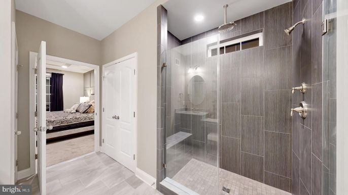 Bathroom, Bedroom, Glass Shower, Interior, Recessed Lighting, Wood Texture Flooring