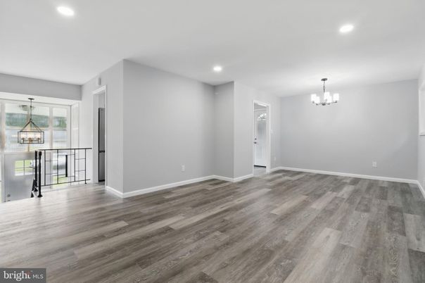 Chandelier, Empty room, Interior, Pendant Lights, Recessed Lighting, Wood Texture Flooring