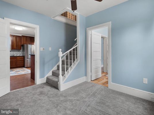Empty room, Interior, Kitchen, Stainless Steel Appliances, Wood Texture Flooring