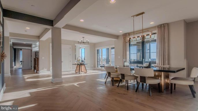 Chandelier, Dining room, Interior, Pendant Lights, Recessed Lighting, Wood Texture Flooring