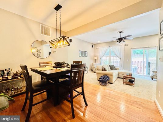 Dining room, Interior, Living room, Pendant Lights, Recessed Lighting, Wood Texture Flooring
