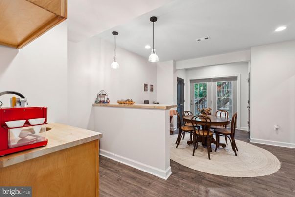 Dining room, Interior, Pendant Lights, Recessed Lighting, Wood Texture Flooring