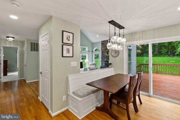Dining room, Interior, Pendant Lights, Recessed Lighting, Wood Texture Flooring