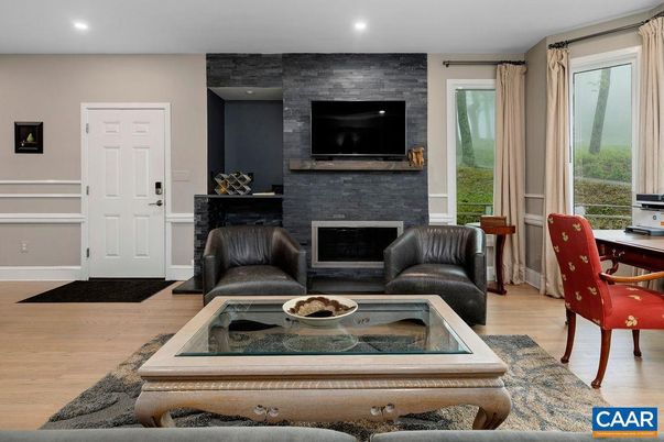 Fireplace, Home Office, Interior, Recessed Lighting, Wood Texture Flooring