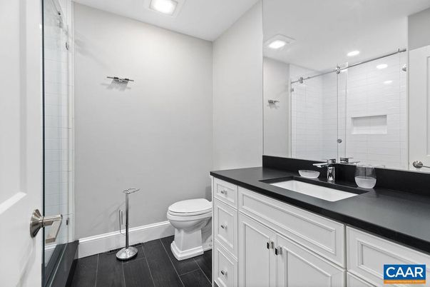 Bathroom, Glass Shower, Interior, Recessed Lighting, Wood Texture Flooring