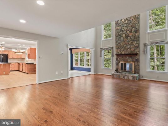 Empty room, Fireplace, Interior, Kitchen, Recessed Lighting, Wood Texture Flooring
