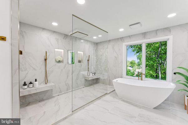 Bathroom, Free Standing Baths, Glass Shower, Interior, Marble, Marble Walls, Recessed Lighting