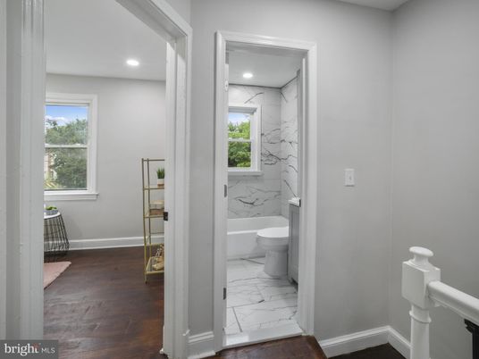 Bathroom, Interior, Marble, Marble Walls, Recessed Lighting, Wood Texture Flooring