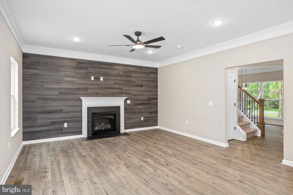 Empty room, Fireplace, Interior, Recessed Lighting, Wood Texture Flooring, Wooden Walls
