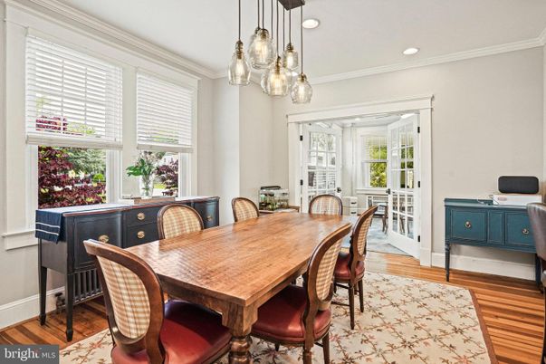 Dining room, Interior, Pendant Lights, Recessed Lighting, Wood Texture Flooring