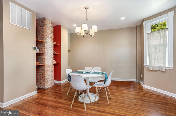 Chandelier, Dining room, Interior, Recessed Lighting, Stone Walls, Wood Texture Flooring