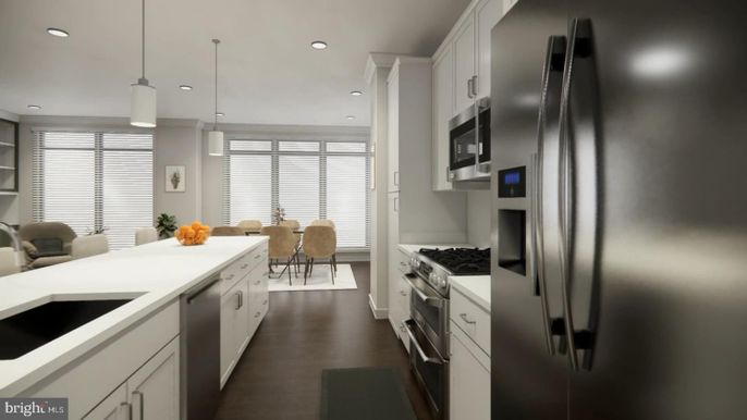 Dining room, Interior, Kitchen, Pendant Lights, Recessed Lighting, Stainless Steel Appliances, Wood Texture Flooring