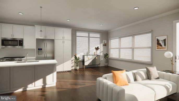 Interior, Kitchen, Living room, Pendant Lights, Recessed Lighting, Stainless Steel Appliances, Wood Texture Flooring
