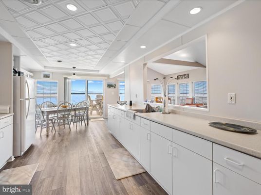 Dining room, Interior, Kitchen, Pendant Lights, Recessed Lighting, Water, Wood Texture Flooring
