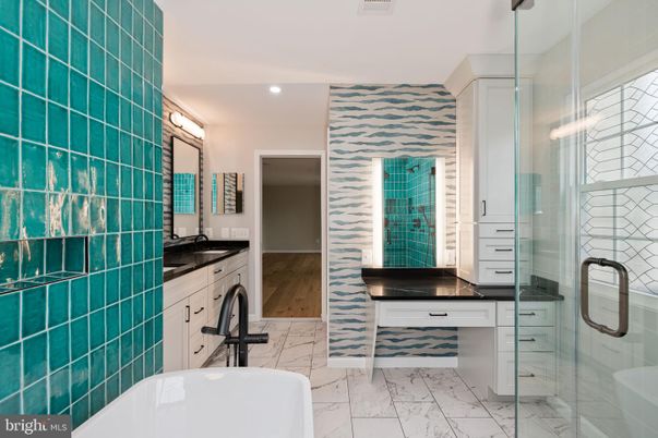 Bathroom, Dual Sink Vanities, Glass Shower, Interior, Marble, Recessed Lighting