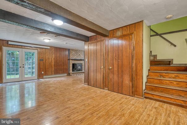 Empty room, Fireplace, Interior, Wooden Beams, Wood Texture Flooring, Wooden Walls