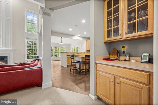 Fireplace, Interior, Kitchen, Living room, Pendant Lights, Recessed Lighting, Wood Texture Flooring