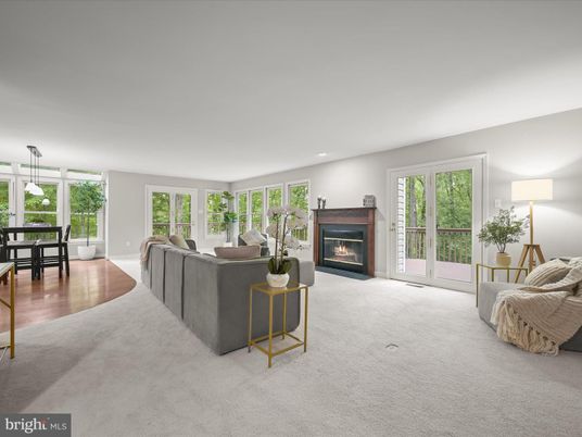 Dining room, Fireplace, Interior, Living room, Pendant Lights, Recessed Lighting, Wood Texture Flooring