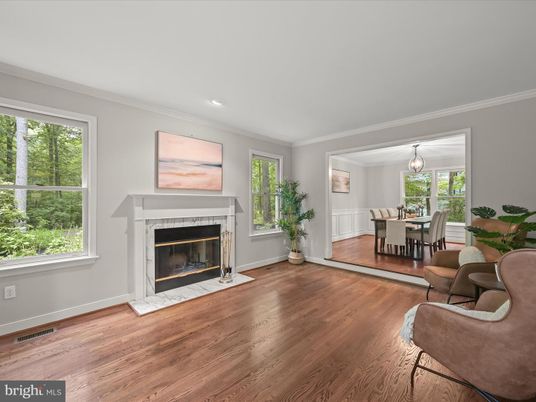 Chandelier, Dining room, Fireplace, Interior, Recessed Lighting, Wood Texture Flooring