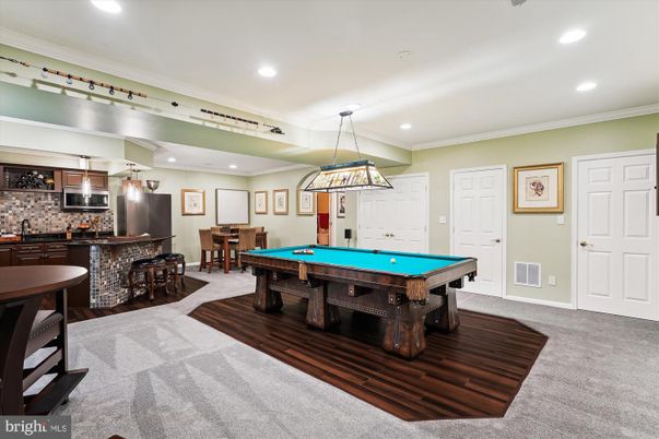 Billiard Table, Game Room, Interior, Pendant Lights, Recessed Lighting, Wood Texture Flooring