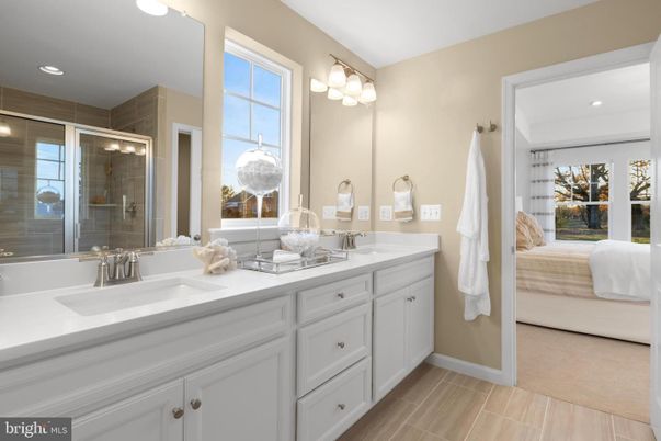 Bathroom, Dual Sink Vanities, Glass Shower, Interior, Recessed Lighting