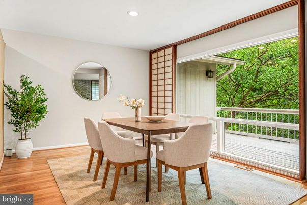 Dining room, Interior, Recessed Lighting, Wood Texture Flooring