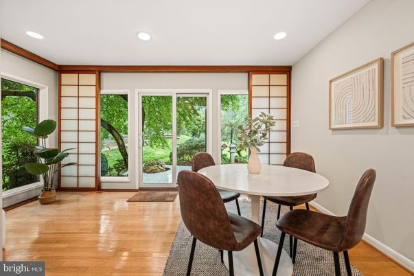 Dining room, Interior, Recessed Lighting, Wood Texture Flooring