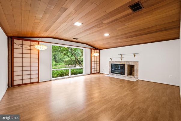 Empty room, Fireplace, Interior, Pendant Lights, Recessed Lighting, Wooden Ceilings, Wood Texture Flooring