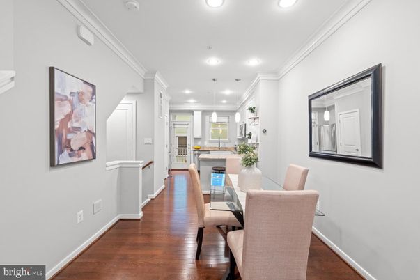 Dining room, Interior, Kitchen, Pendant Lights, Recessed Lighting, Wood Texture Flooring