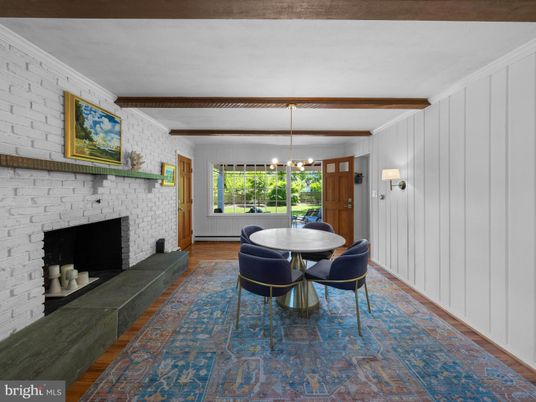 Dining room, Fireplace, Interior, Pendant Lights, Stone Walls, Wooden Beams, Wood Texture Flooring