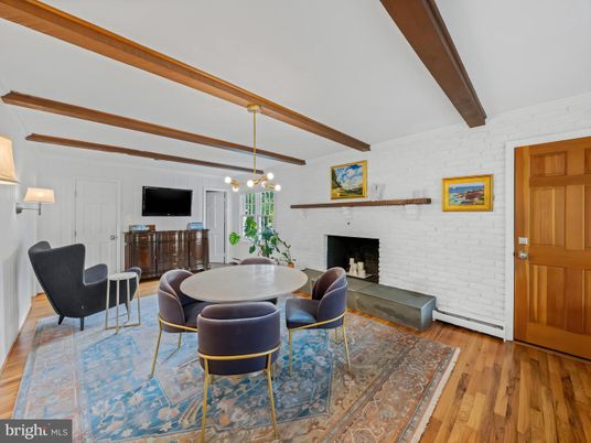 Dining room, Fireplace, Interior, Pendant Lights, Stone Walls, Wooden Beams, Wood Texture Flooring