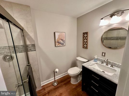 Bathroom, Glass Shower, Interior, Wood Texture Flooring