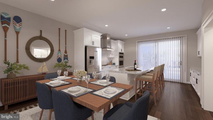 Dining room, Interior, Kitchen, Recessed Lighting, Stainless Steel Appliances, Wood Texture Flooring