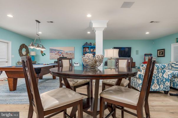 Billiard Table, Dining room, Game Room, Interior, Pendant Lights, Recessed Lighting, Wood Texture Flooring