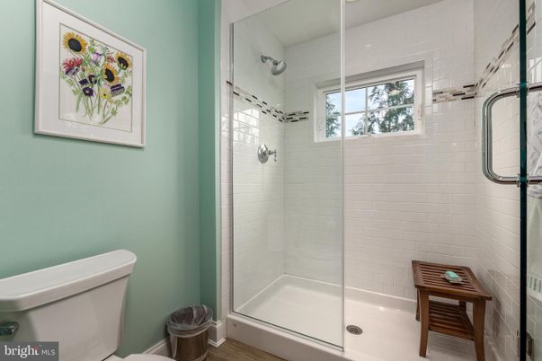 Bathroom, Glass Shower, Interior, Wood Texture Flooring