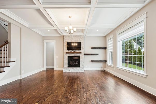 Chandelier, Empty room, Fireplace, Interior, Recessed Lighting, Wood Texture Flooring