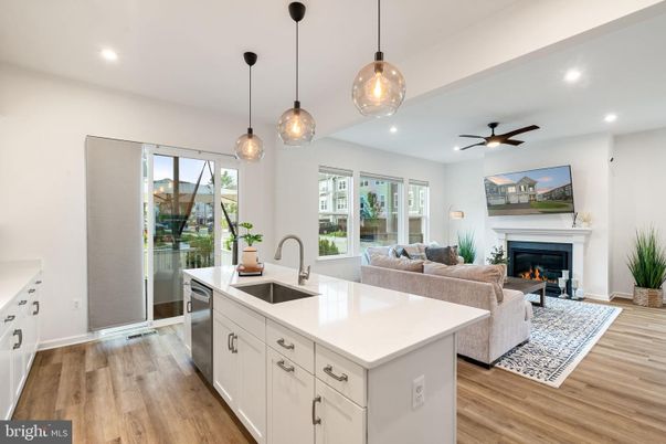 Fireplace, Interior, Kitchen, Living room, Pendant Lights, Recessed Lighting, Wood Texture Flooring