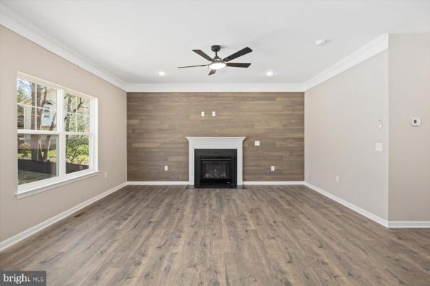 Empty room, Fireplace, Interior, Recessed Lighting, Wood Texture Flooring, Wooden Walls