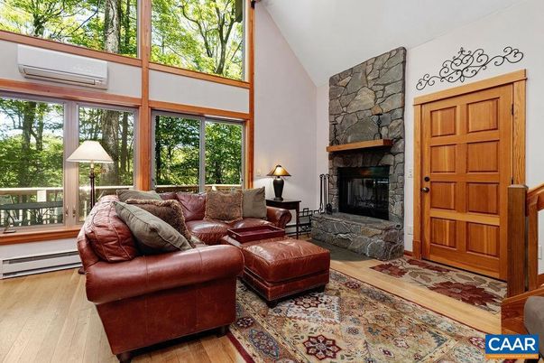 Fireplace, Interior, Living room, Stone Walls, Wood Texture Flooring