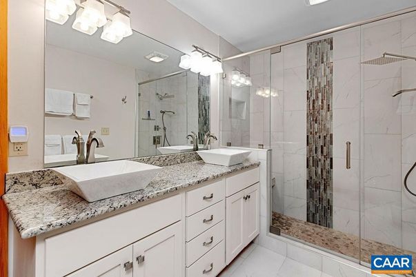 Bathroom, Dual Sink Vanities, Glass Shower, Interior, Marble Walls