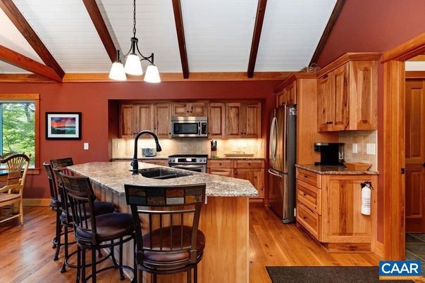 Interior, Kitchen, Pendant Lights, Stainless Steel Appliances, Wooden Beams, Wood Texture Flooring