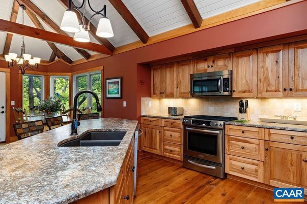 Chandelier, Interior, Kitchen, Stainless Steel Appliances, Wooden Beams, Wood Texture Flooring
