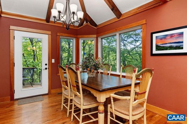 Chandelier, Dining room, Interior, Wooden Beams, Wood Texture Flooring
