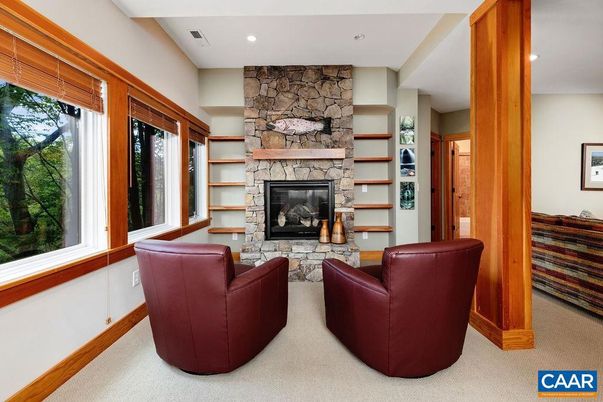 Fireplace, Interior, Living room, Recessed Lighting, Stone Walls
